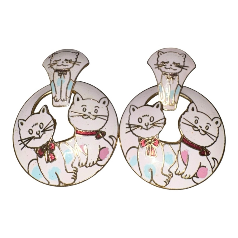 Vintage Cloisonné Cat Earrings White Pink Blue Gold Tone Pierced J41